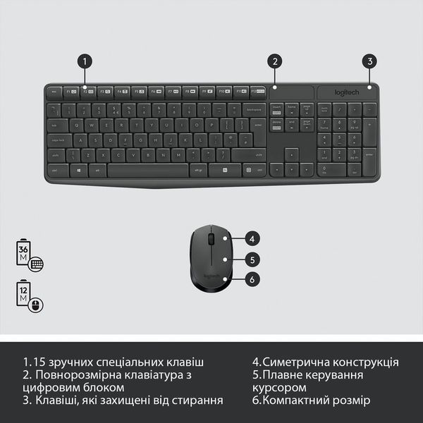 Комплект (клавіатура, мишка) бездротовий Logitech MK235 ENG/UKR Grey USB (920-007931) 920-007931 фото