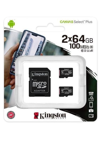 Карта пам`яті MicroSDXC 2x64GB UHS-I Class 10 Kingston Canvas Select Plus R100MB/s + SD-адаптер (SDCS2/64GB-2P1A) SDCS2/64GB-2P1A фото