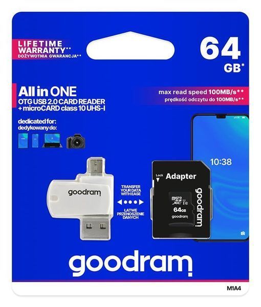 Карта пам`ятi MicroSDXC 64GB UHS-I Class 10 GOODRAM + SD-adapter + OTG Card reader (M1A4-0640R12) M1A4-0640R12 фото